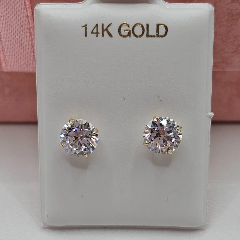 14KT Gold Clear Round CZ 6mm Stud Earrings